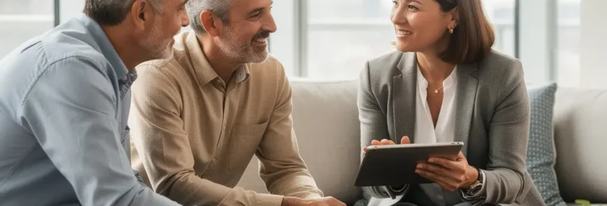 Conseillère en assurance discutant avec un couple dans un condo montréalais moderne