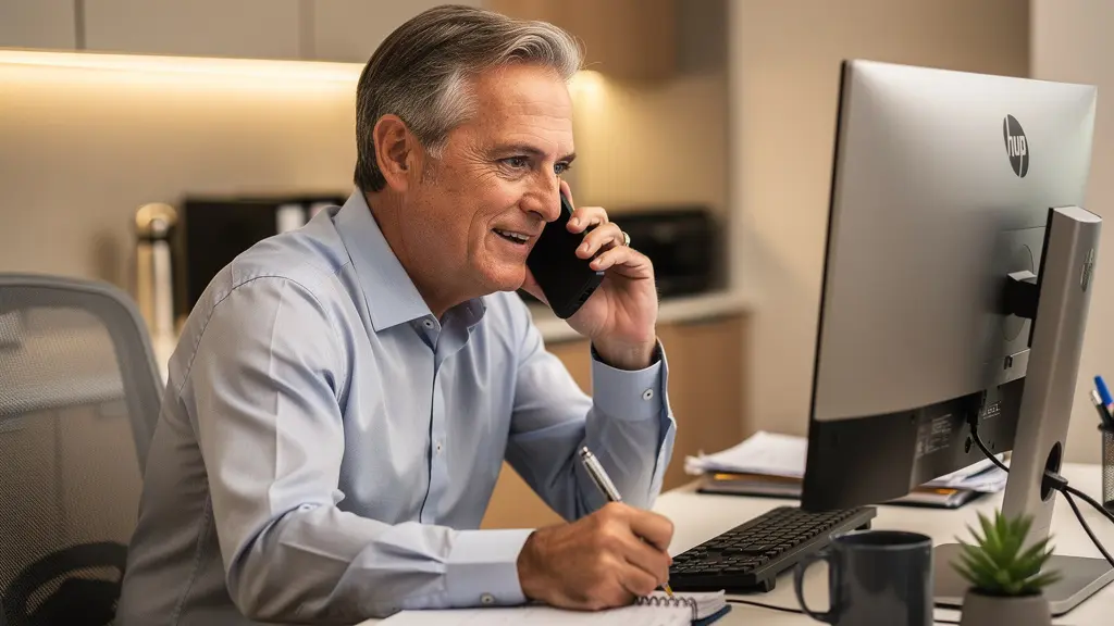 Courtier en assurance au téléphone dans son bureau montréalais, expression concentrée