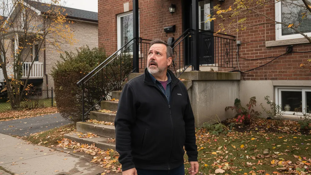 Propriétaire québécois devant son duplex montréalais avec escalier extérieur typique