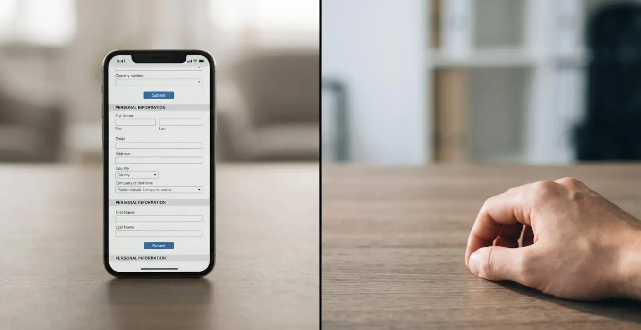 Téléphone affichant un formulaire d'assurance en ligne à côté d'une main de conseiller posée sur un bureau.