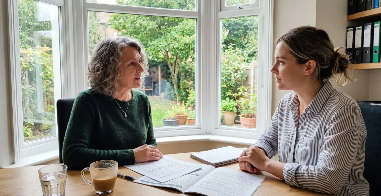 Conseiller et client discutant autour d'un contrat d'assurance dans une agence lumineuse.