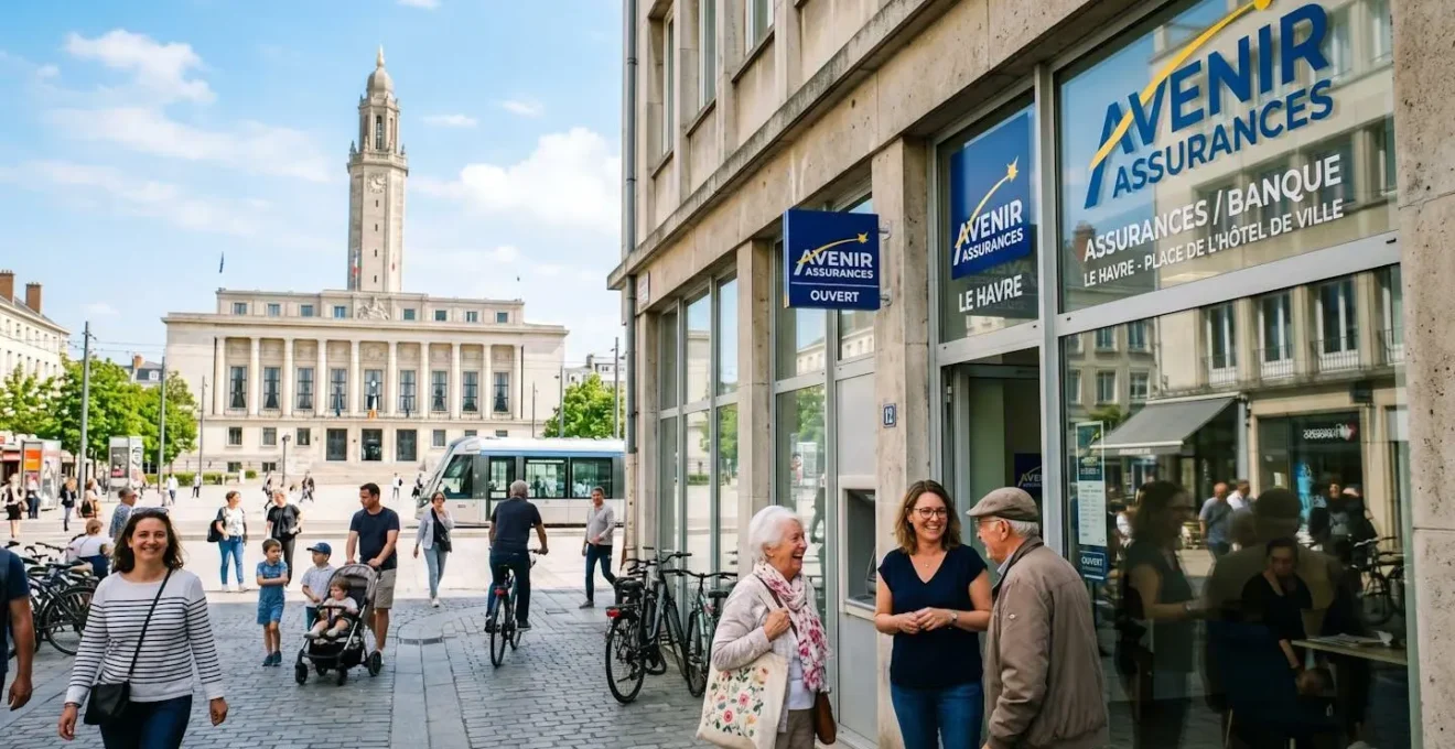 Façade de l'agence d'assurance place de l'Hôtel de Ville au Havre.